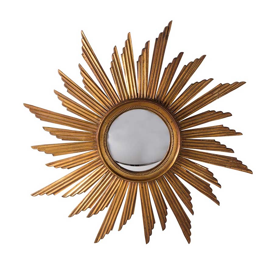 1920s Carved Wooden Sunburst Convex Mirror
